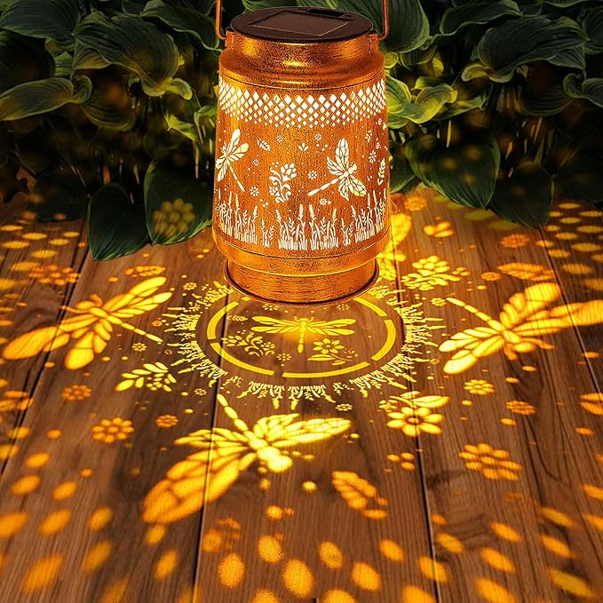 2 Pack Solar Lanterns Outdoor Garden Decor with Shepherd Hook, Gardening Gifts for Mom Grandma Women Dragonfly Metal Decor Lantern Waterproof Solar Lights LED Decorative for Garden Yard Patio