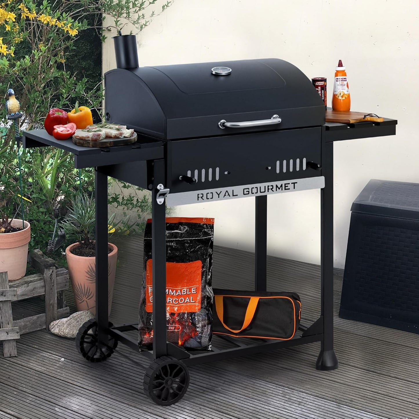 Royal Gourmet CD1824ET Movable Charcoal BBQ Grill with Foldable Side Tables, Outdoor Barbecue Grill with 470 Sq. In. Cooking Area for Outdoor Picnic and Camping Grilling, Black