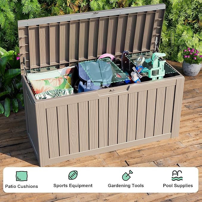 86 Gallon Outdoor Deck Box,Storage Lockable Waterproof Patio Furniture,Garden Tools,Cushions,Pool Accessories Outside Storage Resin Box(Grey)
