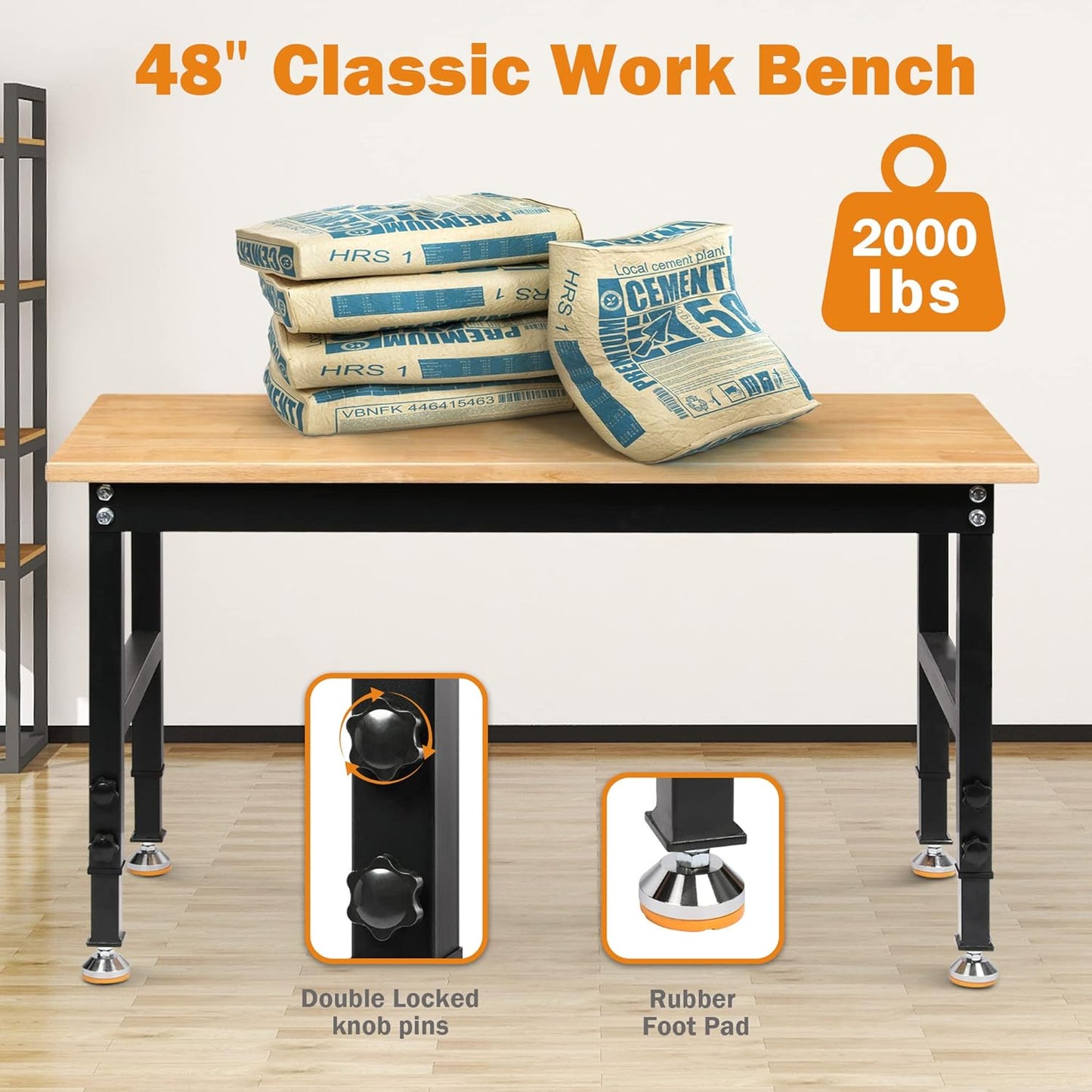 48" Heavy-Duty Adjustable Workbench for Garage, Rubber Wood Shop Table W/Rubber Pads, Hardwood Workstation Weight Capacity Over 2000 Lbs