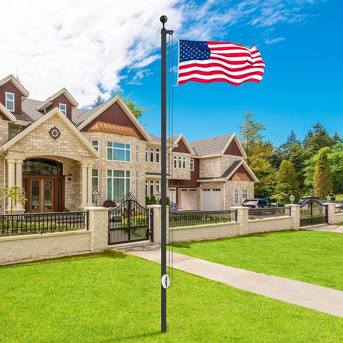 Flag Pole Kit 25FT, 12 Gauge 1.8mm Thickness Heavy Duty Flag Poles with 3x5 American Flag, Black Flag pole for Outdoor House In Ground, Extra Thick Flagpoles Suitable for Yard and Garden