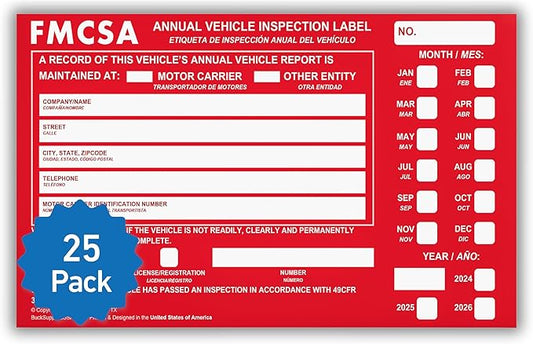25 Pack Buck Aluminum Annual Vehicle Inspection Label with Punch Boxes, 2 Mil Red FMCSA Self Adhesive Sticker, DOT Compliant, Weatherproof, Tear Resistant, Easy to Write On, 6" x 3.5" - Made in USA