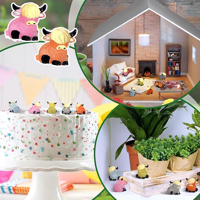 50 Pcs Luminous Mini Highland Cow Figurines Resin Miniature Highlandcow Statues Tiny Cows Miniatures Glow in The Dark for Dollhouse Micro Landscape DIY Home Outdoor Party Decor