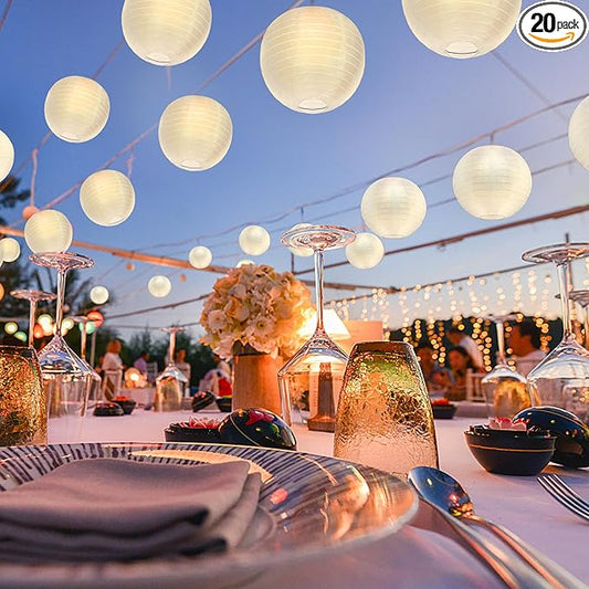 20 Pack White Outdoor Silk Lanterns Decorative, 10inch Waterprooof Outside Indoor Chinese Hanging Round Lanterns for Weddings, Birthdays, Parties Decoration (White)