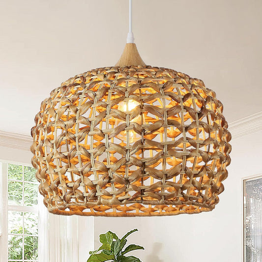 Boho Pendant Lights, 15.7" 1-Light Rattan Chandelier Hand-Woven Wicker Pendant Light with Water Hyacinth Shade, Coastal Dome Hanging Light for Dining Room Kitchen Island