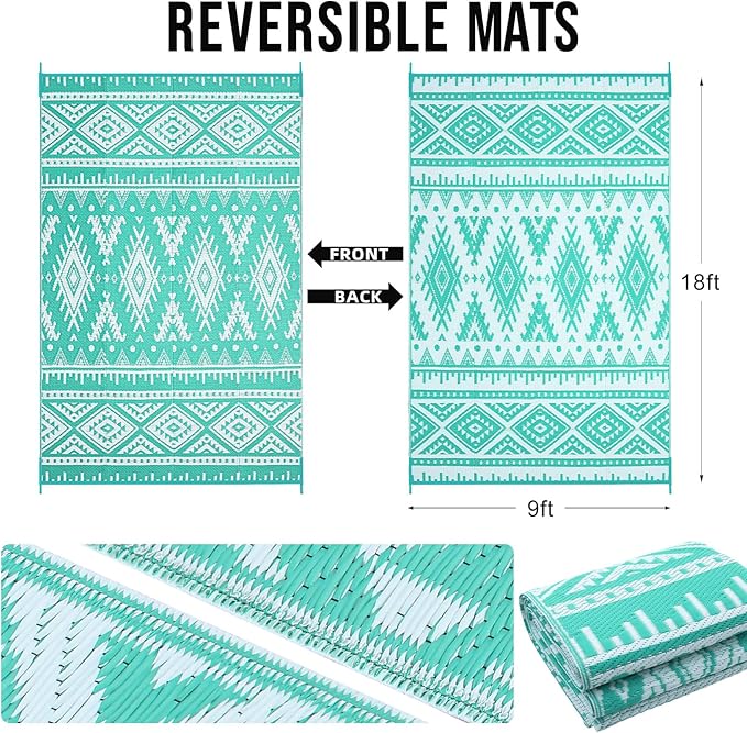 OLANLY Outdoor Rug Waterproof 9x18 ft, Reversible Outdoor Plastic Straw Rug, Boho Patio Rug, Indoor Outdoor Carpet, RV Mat Outside for Patio, Camp, Picnic, Balcony, Deck, Backyard, Turquoise & White