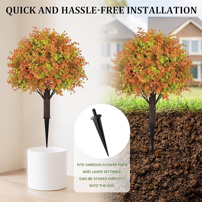 24" Fall Plants Artificial Boxwood Topiary Trees, UV Resistant Faux Bushes with Ground Spike, Fake Shrubs for Outdoor Planters, Front Porch, Patio, Yard Decor Set of 2