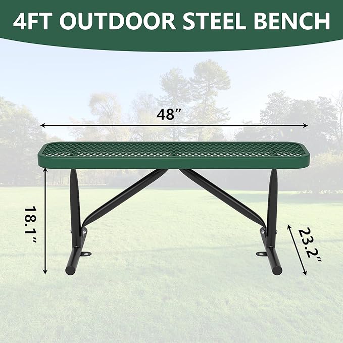 48" L Outdoor Steel Flat Bench, Heavy Duty Metal Park Bench for Outside, Expanded Metal, Commercial Benches Mesh Bench for Shopping Mall, Store, Lawn, Park, Patio, Deck, Garden (Green, 4FT)