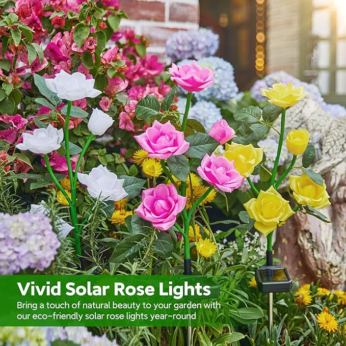 RECHOO Solar Garden Lights - 6 Pack Upgraded Garden Decor with 30 Rose Flowers, 7 Color Changing Waterproof Solar Flowers for Outside Yard Pathway Decoration