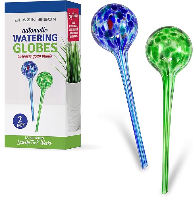 Blazin' Bison Self Watering Bulbs for Plants | Automatic Vacation House Plant Water Globes | Decorative Hand-Blown Glass Aqua Globe | 2pc Deluxe Set (Large)
