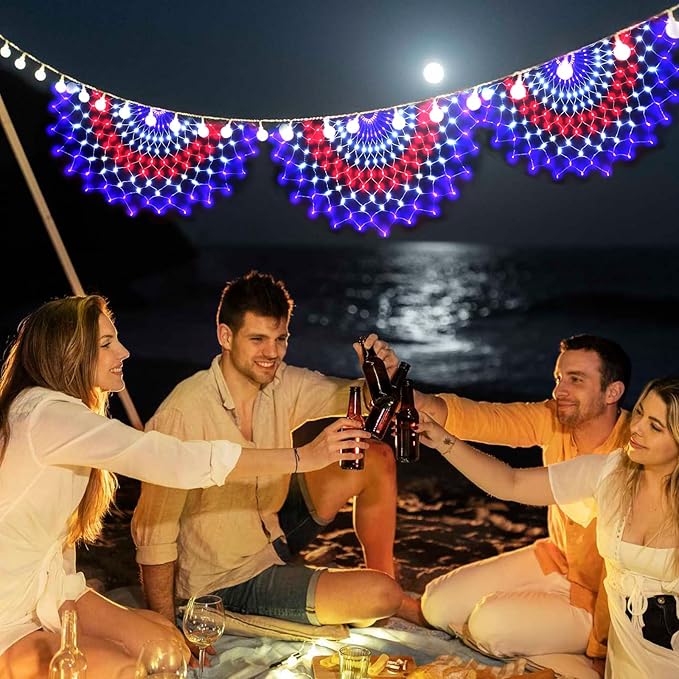 150 LED American Flag Lights Outdoor 3 Pack - 4x2 FT Half Fan Shape Patriotic Net Lights with 8 Modes, Waterproof for 4th of July Decorations, Christmas, Yard, Parties