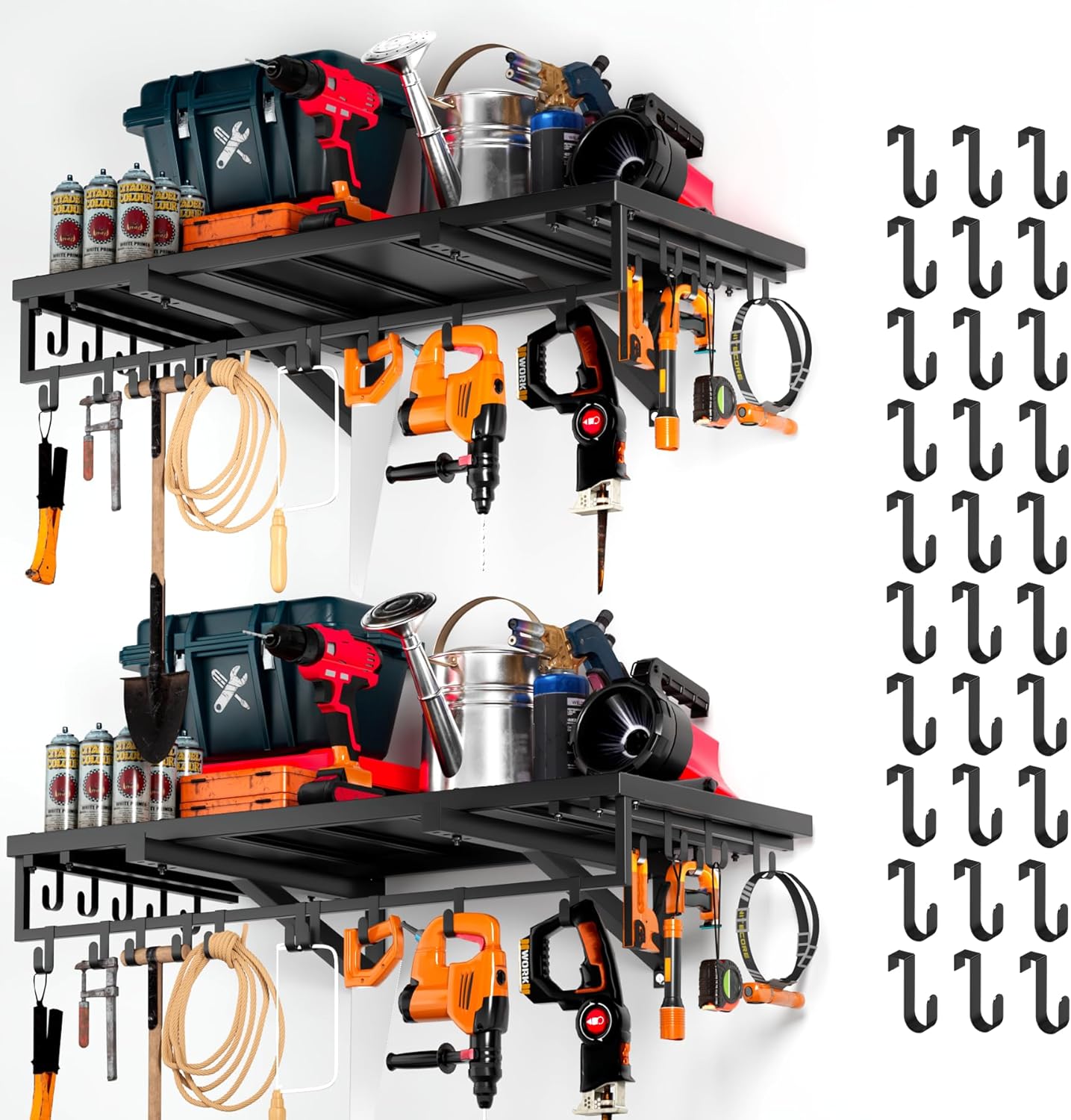 2pcs Garage Wall Shelving - 42in Extra Large Heavy Duty Floating Shelves with 30 Hooks, Load Capacity 1102 Lbs, Hanging Garage Storage Rack, Tool Hanger Organizer Utility Rack, For Home, Workshop