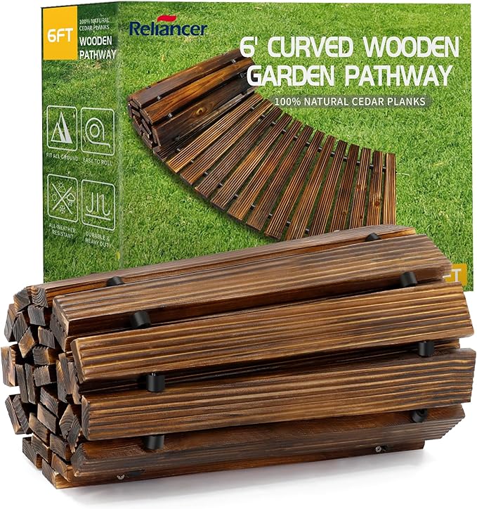RELIANCER 6' Wooden Garden Pathway,Outdoor Roll Out Cedar Curved Walkway,Patio Path Decorative Garden Boardwalk Walkways,Weather-Resistant Roll Up Beach Wood Road Floor,Wedding Party Pathways