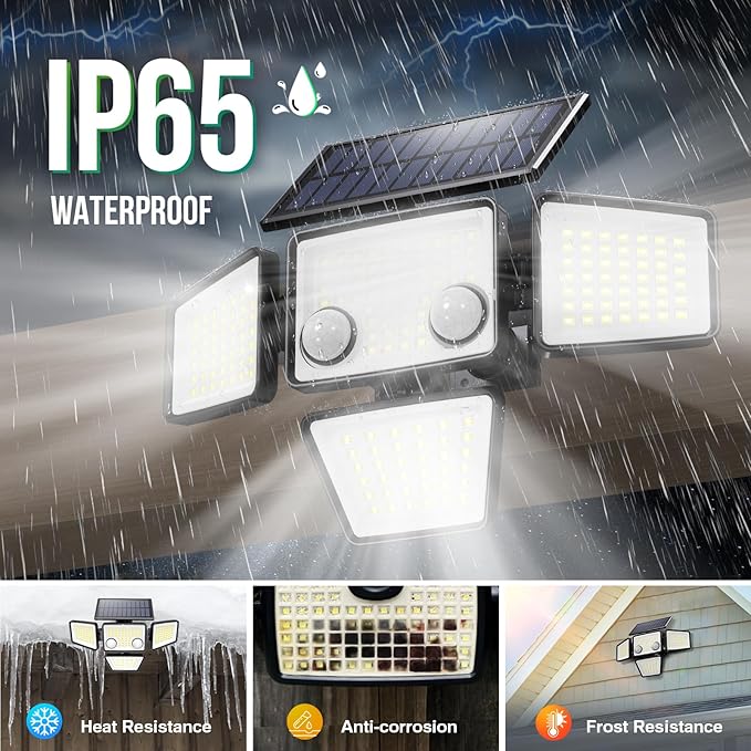 Solar Lights Outdoor - 3000LM 188 LED Motion Sensor Outdoor Lights, 4 Heads IP65 Waterproof Powered Security Flood Lights, 270°Wide Lighting Angle Wall Light with Sensors for Backyard (4 Pack)