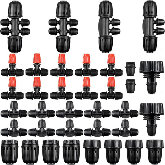 36 Pcs 1/2" to 1/4" Drip Irrigation Fittings Kit Barbed Tee Connector 2 4 6 Way Locked Tee Easy Connector Tubing End Plug Misting Nozzle Irrigation Hose Adapter for Lawn Plant System