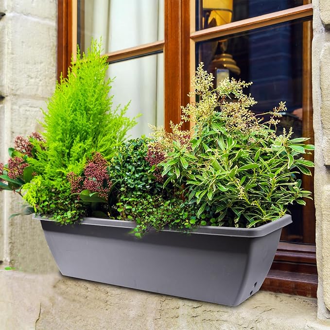 6 Pcs 24 inch Window Box Planter, Large Rectangular Flower Planter Boxes with Shelf Insert Plastic for Indoor and Outdoor Garden, Balcony Home Decor (6, 24 inch)