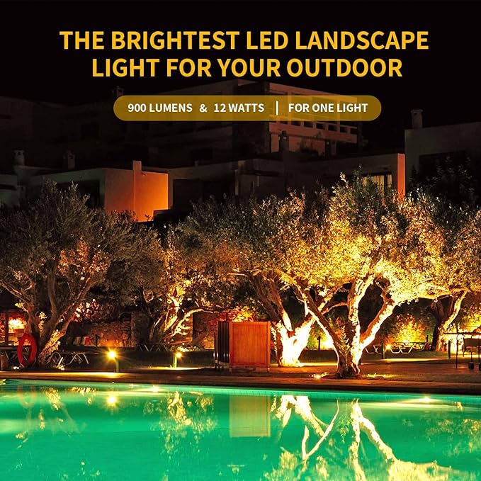 Outdoor Warm White Spot Lights, 3000K Landscape SpotLights, 12W IP65 Waterproof Garden Lights, Metal Case COB Lighting with Spiked Stand for Lawn Decorative Lamp (6 Pack)