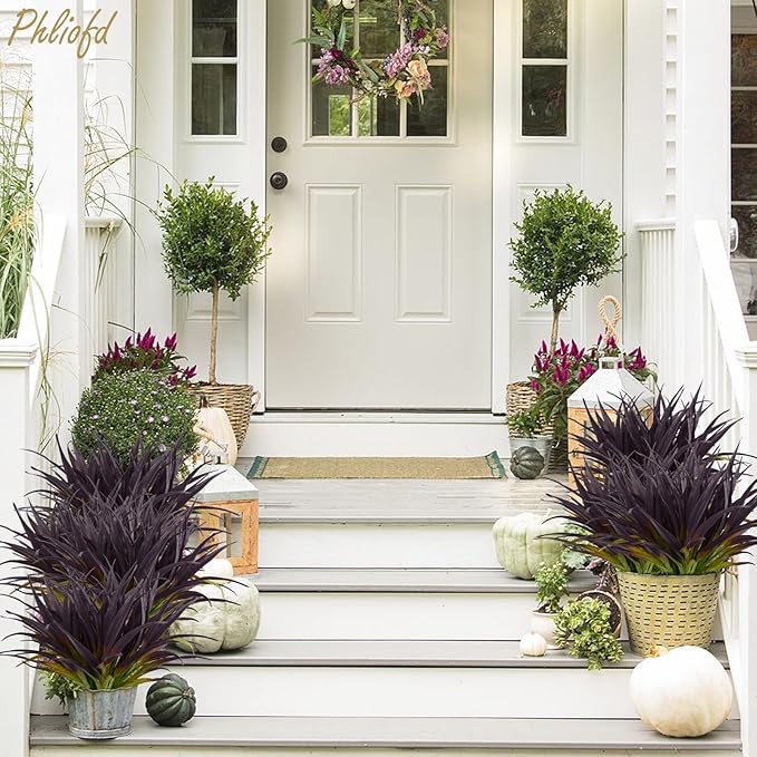 32 Pcs Artificial Grass Fake Grass Plants 17.3in Outdoor Plants UV Resistant Faux Greenery Stems for Home Window Garden Office Patio Pathway Front Porch Halloween Décor Light Green & Purple