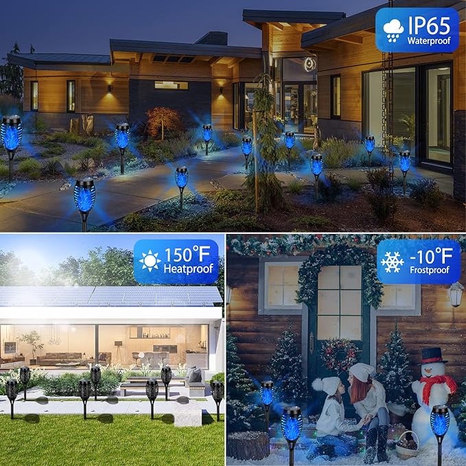 Solar Lights Outdoor, Upgraded 6 Pack Blue Solar Torch Light with Flickering Flame Waterproof for Garden Decor, Flame Torches for Outside Landscape Porch Yard Pathway Decorations