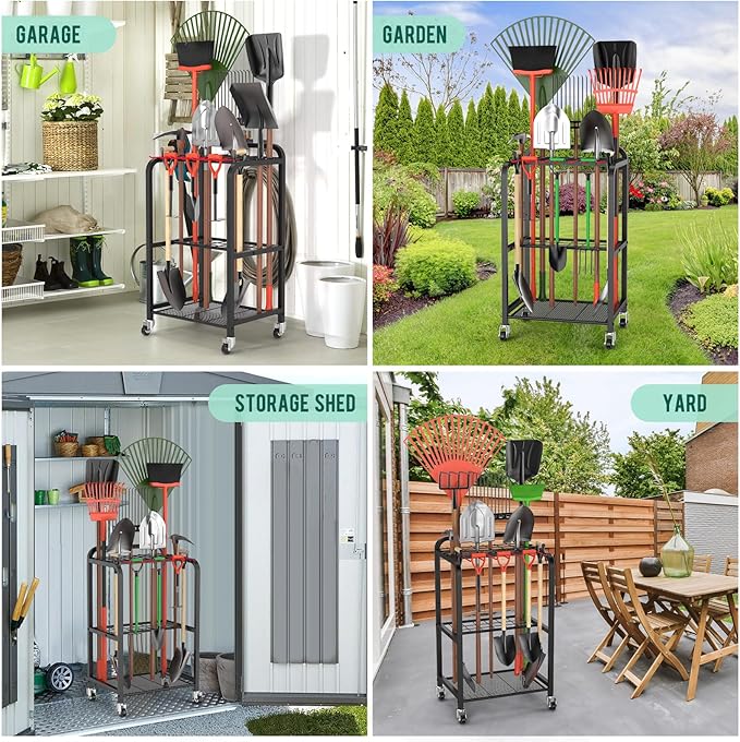 Trieez Garden Tool Organizer for Garage, Yard Tool Organizer with Wheels for Garage Organization and Storage - Sturdy Yard Tool Holder Tool Rack, for Shed, Outdoor, Tool Stand