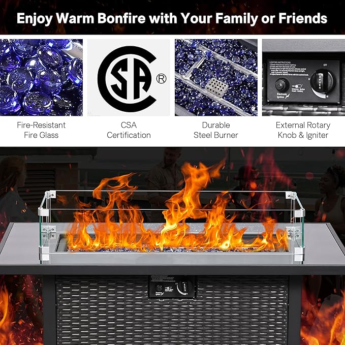 5 Piece Patio Furniture Set with 43" Propane Fire Pit Table, Outdoor Wicker Conversation Set, Rattan Modern Sectional Sofa Couch with Coffee Table for Backyard Porch Garden Poolside, Black-Blue