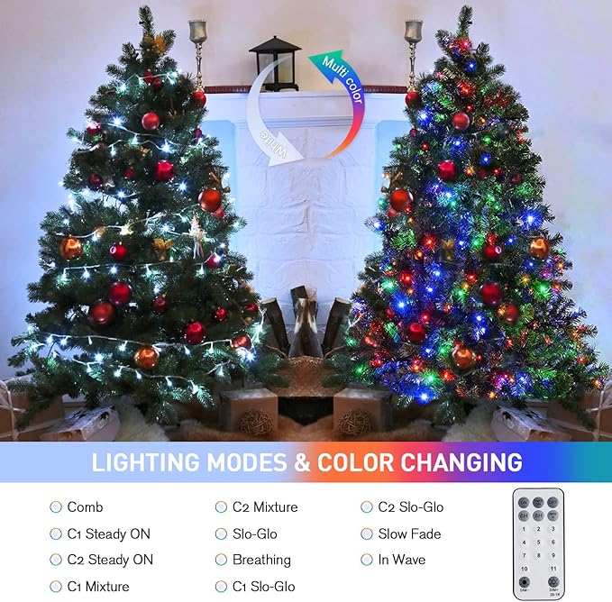JMEXSUSS 100 LED Cool White & Multicolor Christmas Lights Indoor, Color Changing String Lights Plug in, 33ft Christmas String Lights Outdoor Waterproof for Xmas Tree Indoor Decor
