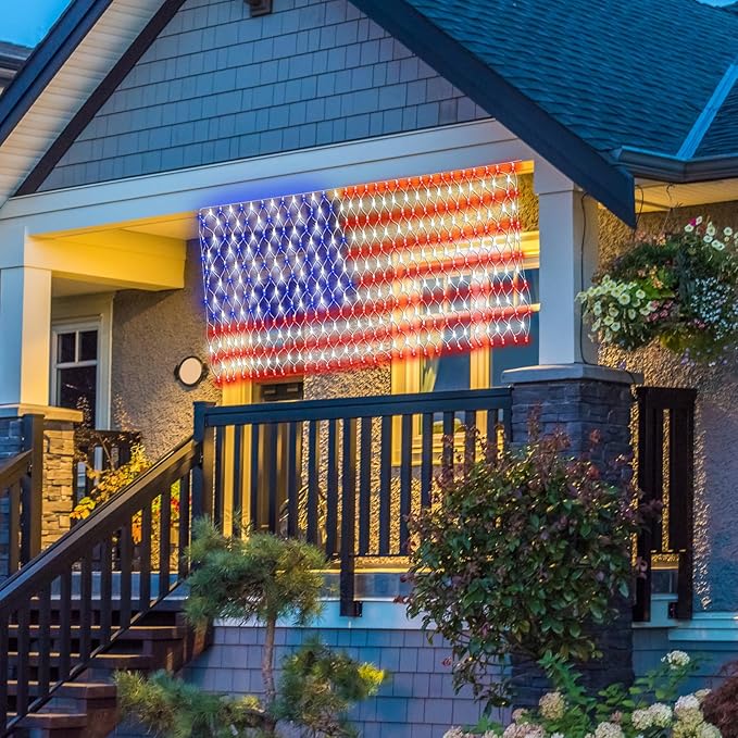 DBFAIRY Solar American Flag Lights Outdoor,420 LEDs American Flag Net Lights 6.5ft x 3.28ft Super Bright,Memorial Day Decorations of The United States for Independence/National/Memorial Day,July 4th
