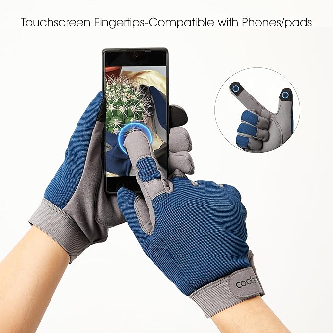 COOLJOB Thorn Proof Garden Gloves with Touchscreen Fingers for Men, Rose Pruning Work Gloves with Palm Cushion for Gardener, Farmer and Landscaper (Navy 1 Pair Small)