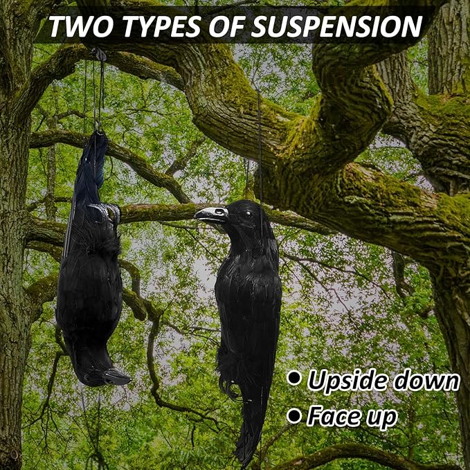 Lewtemi 4 Pcs 17 Inch Realistic Hanging Dead Crows Decoy Life Size Black Feathered Crow Fake Black Crows for Garden Decorations