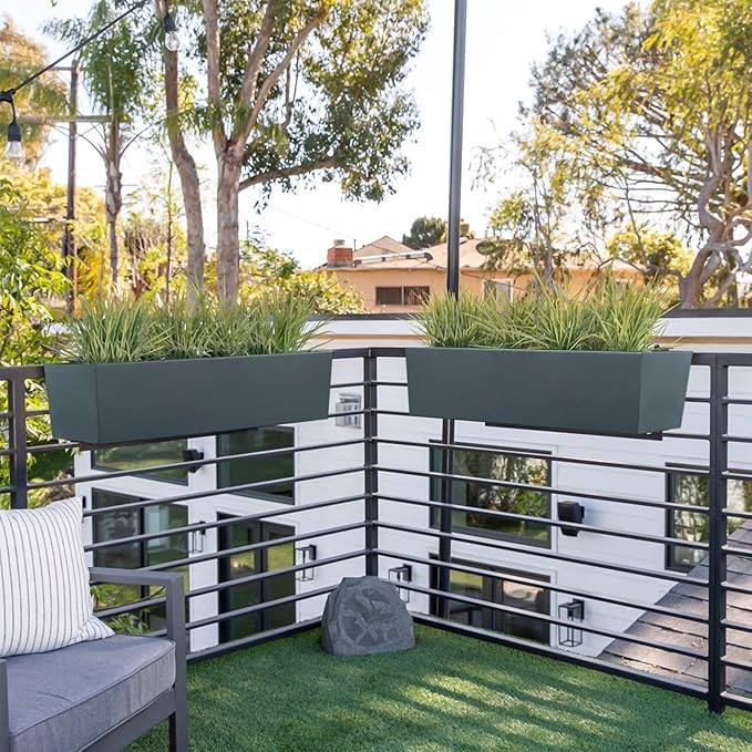 15 INCH Metal Railing Planter Boxes - Hanging Planter for Outdoor Balcony Fence, Durable All-Weather Use with Adjustable Brackets, Modern Décor for Flowers, Succulents, Hanging Plants, Grey