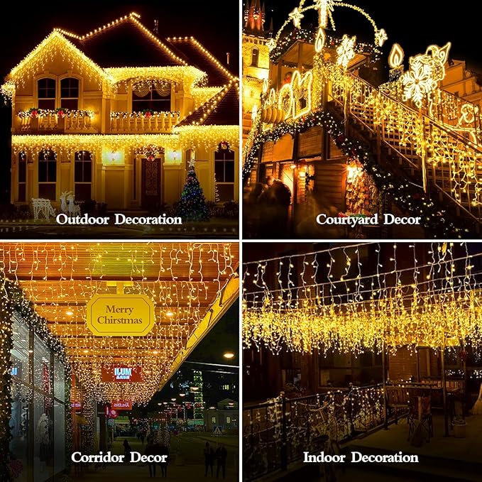 480 LED 49FT Christmas Lights Plug in 8 Modes with Timer Dimmable Christmas Decorations Outdoor Waterproof Indoor Curtain String Lights for Roof Garden Holiday Wedding Party Decor Warm White