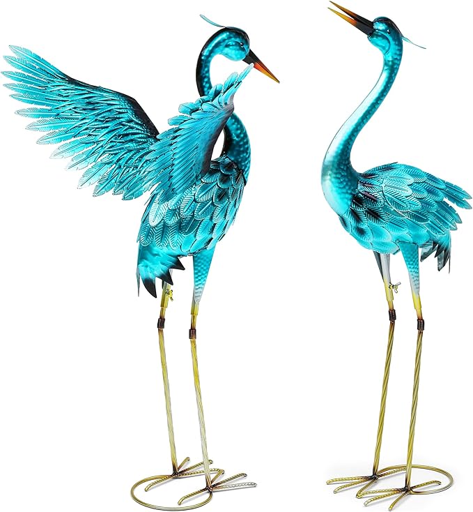 36.75" Metal Crane Garden Statue - Handmade Oversize Heron Sculptures with Stable Ground Stakes, Backyard Large Bird Decoration, Metal Garden Art.