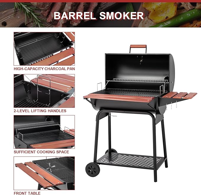 Royal Gourmet CC1830V 30 Barrel Charcoal Grill with Wood-Painted Side Front Table, 627 Square Inches Cooking Space, for Outdoor Backyard, Patio and Parties, Black