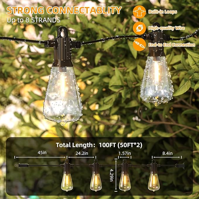 FOOMAN LED Outdoor String Lights, 100FT Outside Waterproof Patio Lights with 50+3 Shatterproof ST38 Edison Bulbs, 2700K Warm White Hanging Light, Dimmable Light for Back Yard Porch Party Gezebo