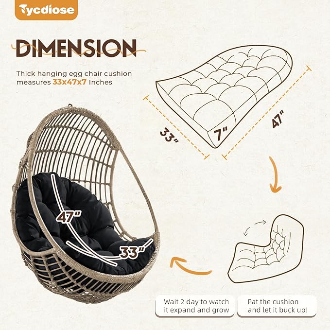 Egg Chair Cushion Replacement, Waterproof Outdoor Hanging Egg Chair Cushion Hammock Swing Chairs Cushions Pads, U-Shaped Thickened Cushions for Hanging Eggs Chairs, 47x33x7 Inches (Black)