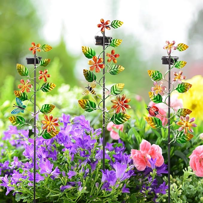 3 Pack Solar Garden Lights, Flower & Insect Metal Solar Stake Light, 23" H Outdoor Statues Figurine Lights for Garden Lawn Patio Yard Decoration