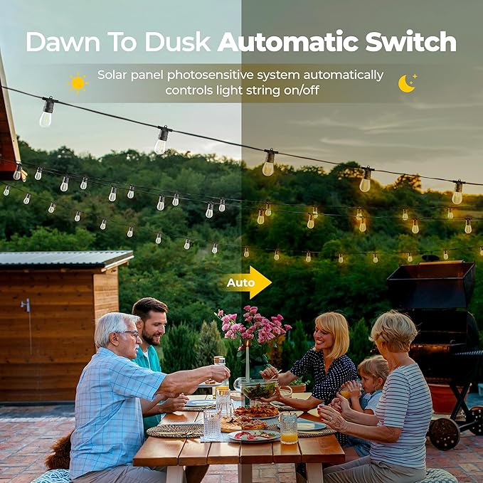 Solar String Lights Outdoor: 48FT 20*S14 3W Ultra-Long Battery Life Edison Bulbs Solar Powered Outside IP65 Waterproof Hanging Warm White Led Lights for Patio Garden Pool Yard Porch Gazebo