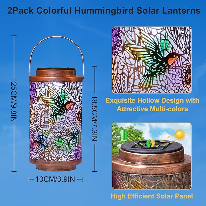 2Pack Solar Lanterns Outdoor Waterproof Hummingbird Gardening Gifts for Women, Multicolor Solar Lights Patio Lantern for Backyard Garden Decor, Porch, Outside, Mothers' Day Gifts for Mom Grandma
