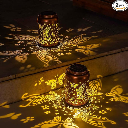 2pack Solar Lanterns Outdoor Waterproof Hanging Butterfly Lights LED Metal Fairy Lantern Decorative Garden,Patio,Landscape,Walkway,Festival Christmas Decor Gifts for Women Mom Grandma