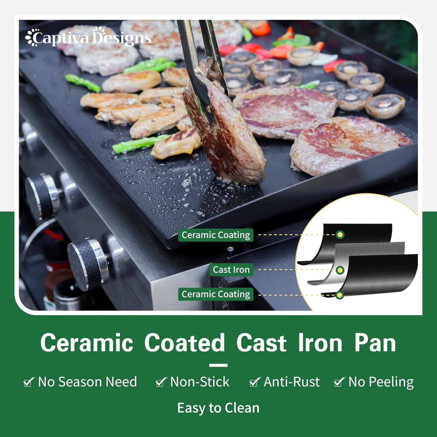 Captiva Designs 27 in Flat Top Griddle Grill with Ceramic Coated Cast Iron Pan, 3-Burner Propane Gas Griddle Grill, 33,000 BTU Output Flattop Grills for Outdoor Barbecue, Cooking and Party