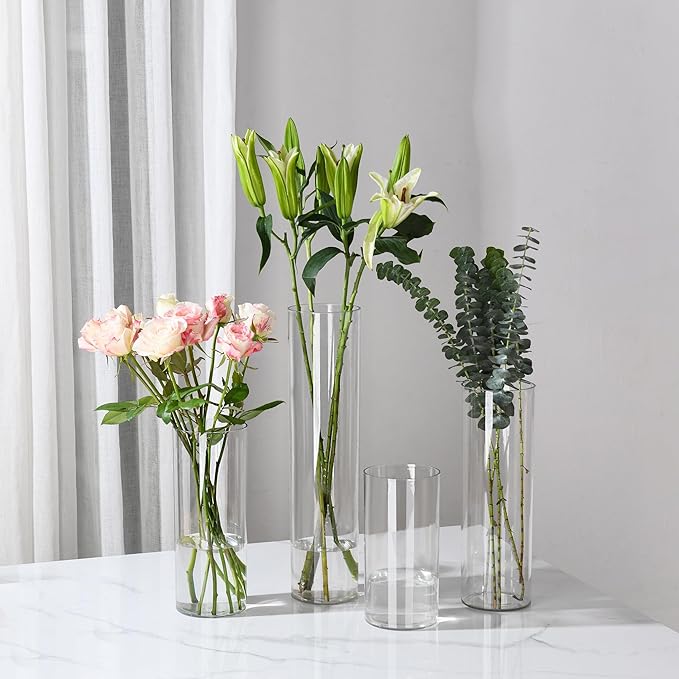 Clear Flower Vase, Non-breakable Vases, 5" W x 10" H, Acrylic Vase, Aesthetic Room Decor Cylindrical Modern Flower Vases for Table Centerpiece, Home Decor, Women Floral Arrangement Gift