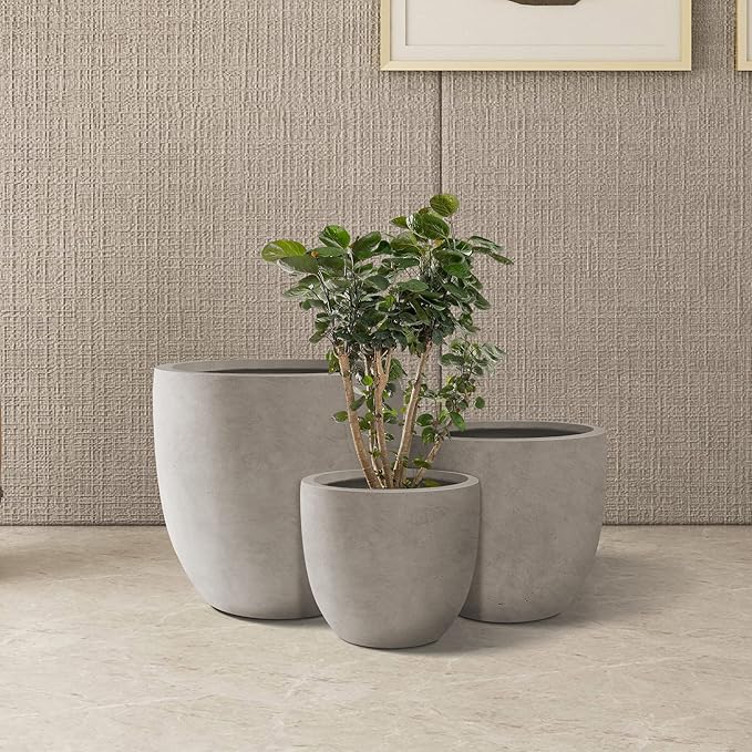 Kante 18",14",10" Dia Concrete Round Planters (Set of 3), Outdoor Indoor Large Planter Pots with Drainage Hole and Rubber Plug for Home Patio Garden, Buff Concrete