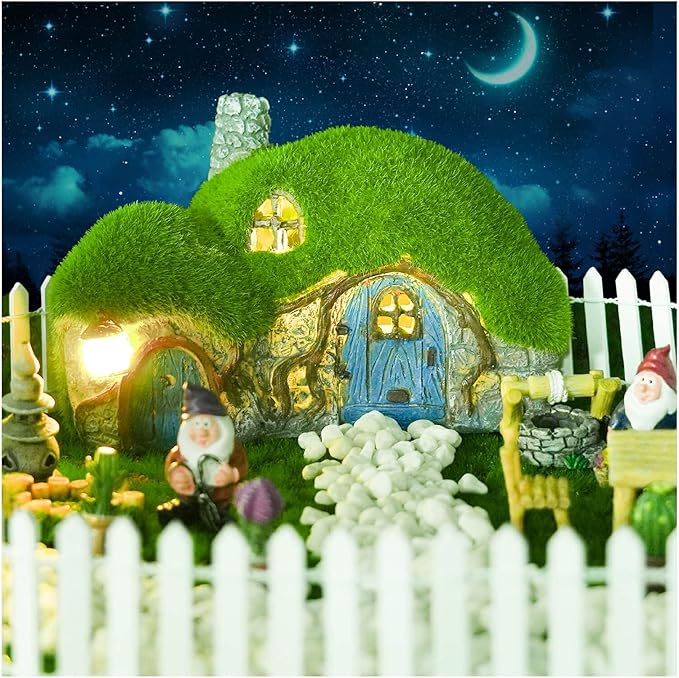 Outdoor Figurine Lights Garden House Statue - Outdoor Statues with Solar Lights Garden Cottage Lighting Figurines for Home or Yard Decor