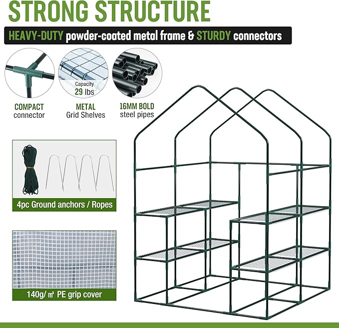 WORKPRO Greenhouse, 56” x 56” x 77” Heavy Duty Walk in Greenhouses for Outdoors with Screen Windows, Thicken PE Cover, 3 Tier 8 Shelves Portable Green House Kit for Patio, Backyard and Porch