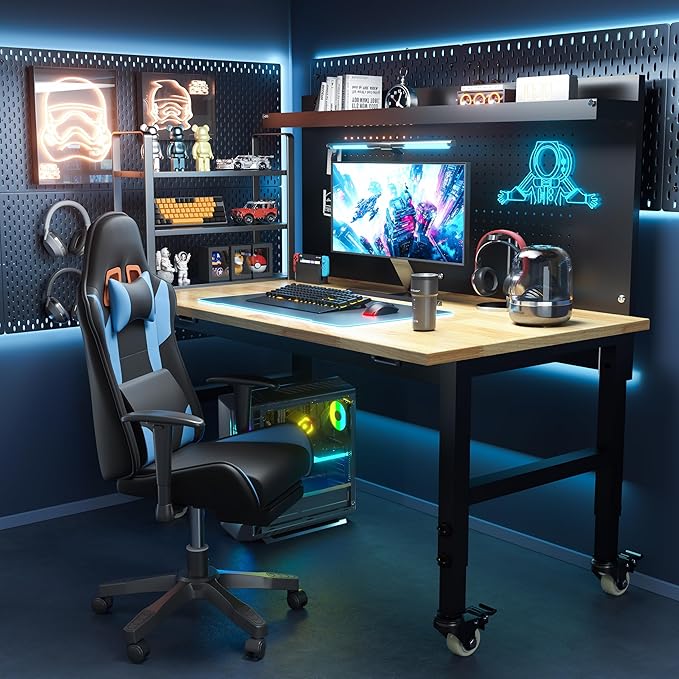 48" Heavy Duty Adjustable Workbench with Large Pegboard, Adjustable Work Table with Power Outlets & Lockable Wheels, Rubber Wood Workstation for Garage, Workshop, Office, Home, Commercial