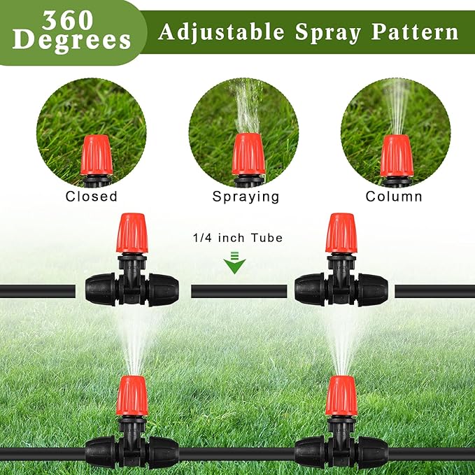 36 Pcs 1/2" to 1/4" Drip Irrigation Fittings Kit Barbed Tee Connector 2 4 6 Way Locked Tee Easy Connector Tubing End Plug Misting Nozzle Irrigation Hose Adapter for Lawn Plant System