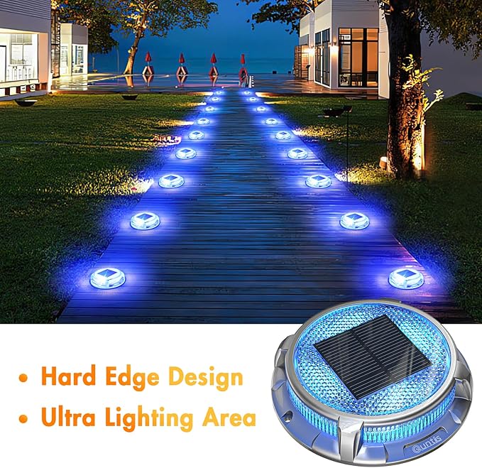 Quntis Solar Deck Lights Outdoor 12 Pack, 3 Color Modes Solar Driveway Lights IP68 Waterproof, Deck Light for Stair Pathway Pool Walkway Road (Blue/Cool White/Warm White)