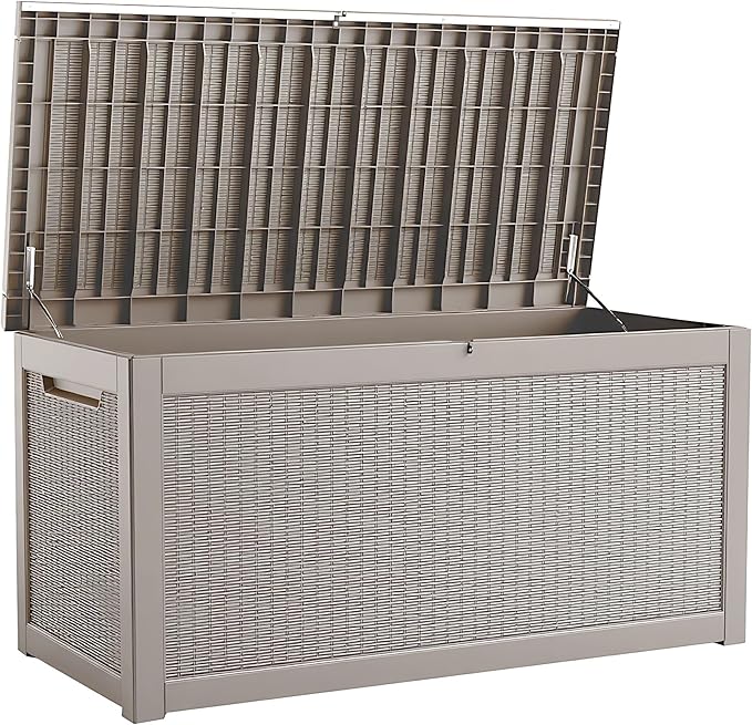 260 Gallon Storage Box, Waterproof Resin Deck Box with Steel Support & Hydraulic Rod, Lockable Storage Bench for Indoor & Outdoor Use, Storage Bin for Patio Cushions, Garden Tools, Grey