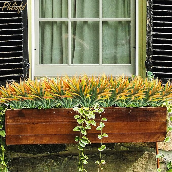 6Pcs Artificial Grass Fake Plants 17.3in Outdoor Plastic Plants UV Resistant Greenery Fake Grass for Home Window Garden Office Patio Hanging Planter Pathway Front Porch Décor Orange Yellow