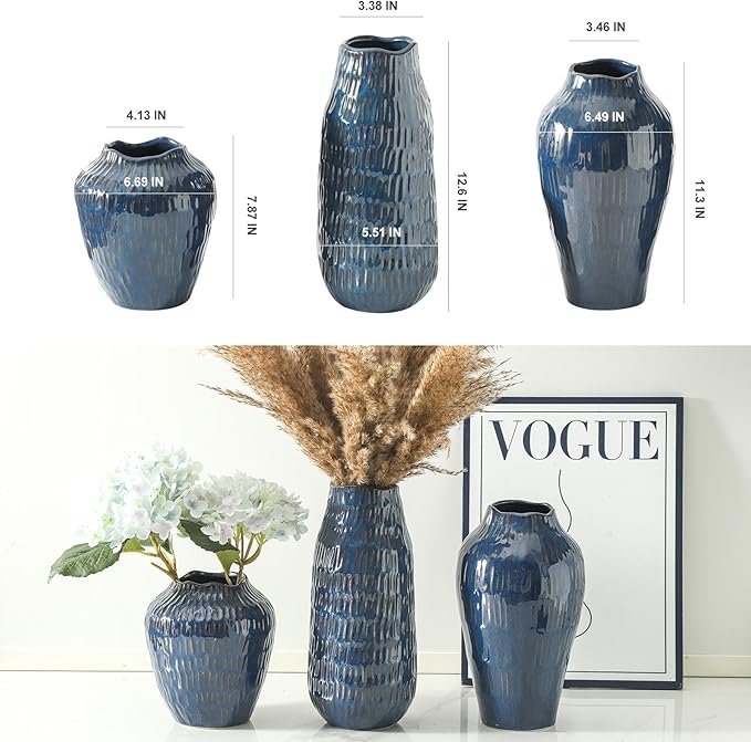 Blue Ceramic Vase for Home Decor, 12.6 Inch Tall Flower Vase with Modern Textured Finish,Decorative Floor Vase for Pampas Grass, Entryway, Living Room, Dining Table, Farmhouse or Office